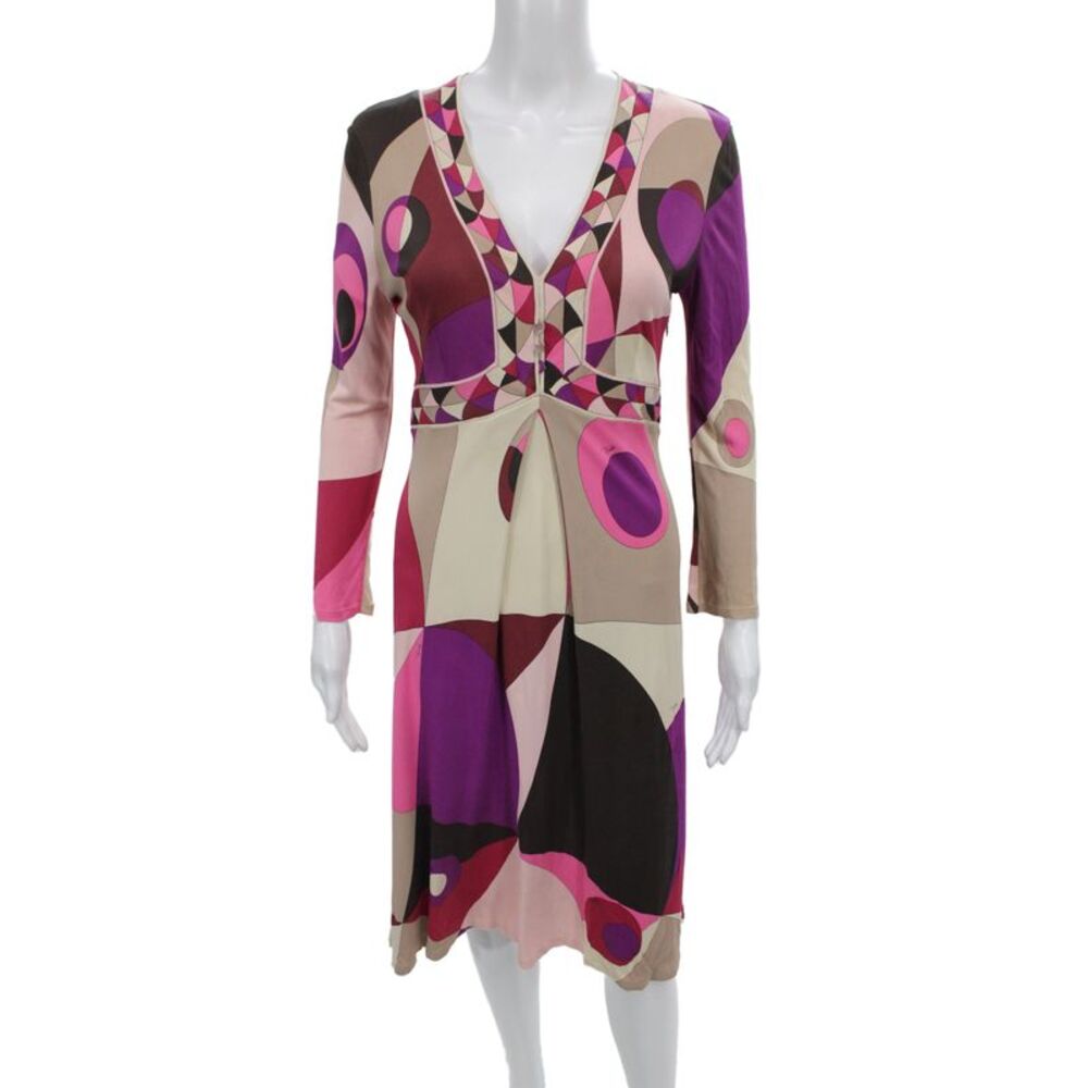 Emilio Pucci Women Fit & Flare Multicolor V-Neck Mid-Calf Dress Size S